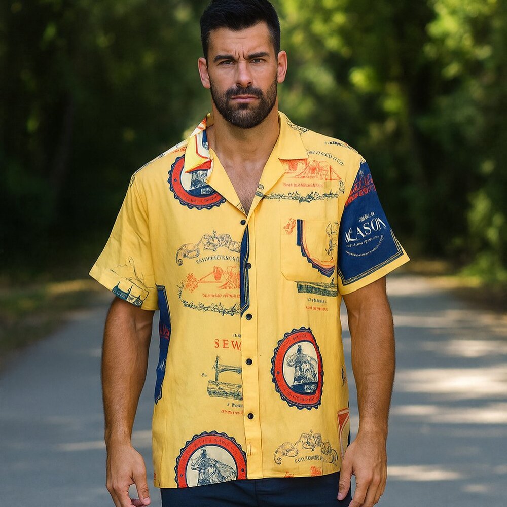 NWT Reason‎ Shirt Men M Yellow Sewing Button Up Geometric Streetwear Camp Artsy